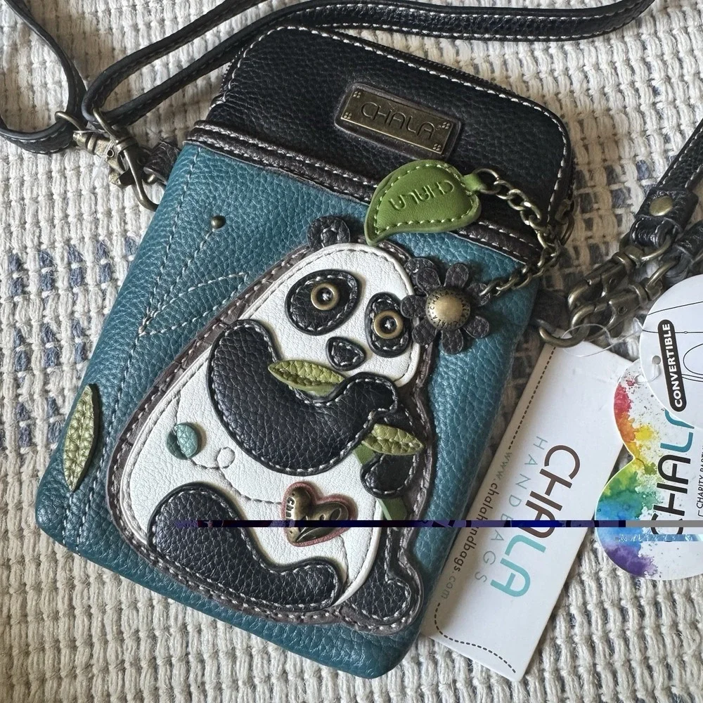NEW CHALA TURQUOISE PANDA BAMBOO CELL PHONE CROSSBODY PURSE STRAP BLACK WHITE